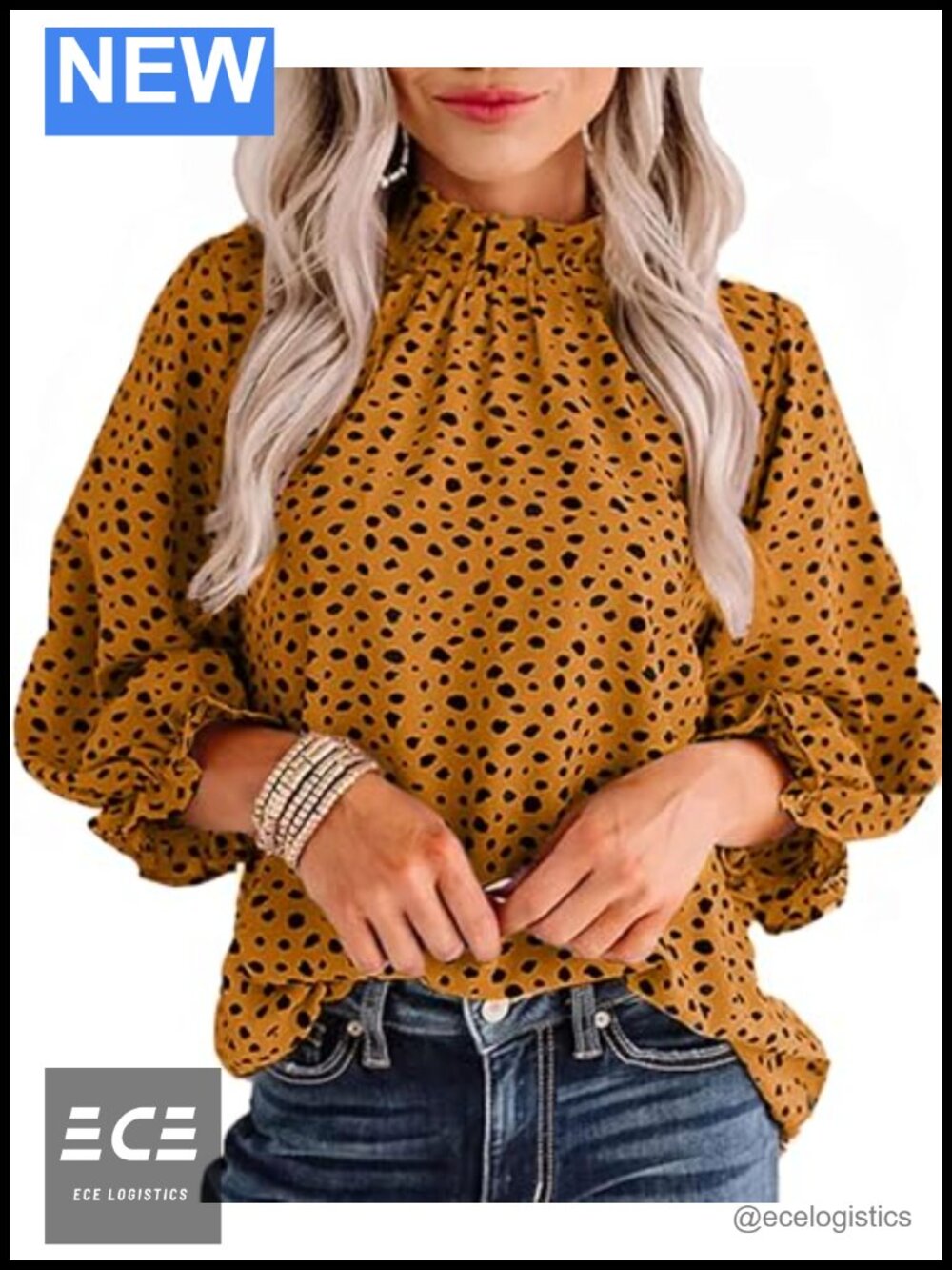Women Leopard Blouse Ruffle Mock Neck Business Casual 3/4 Sleeve Top
